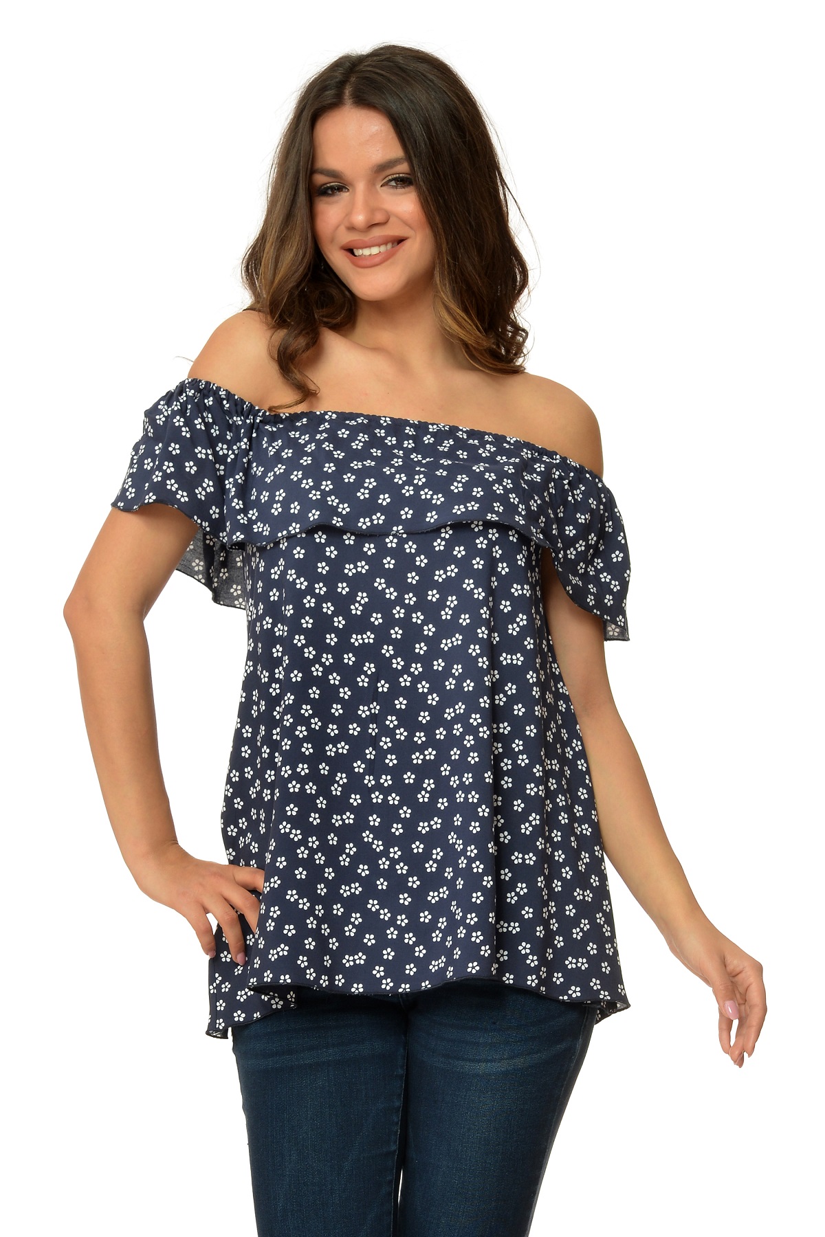 Bluza dama volan - alb/bleumarin